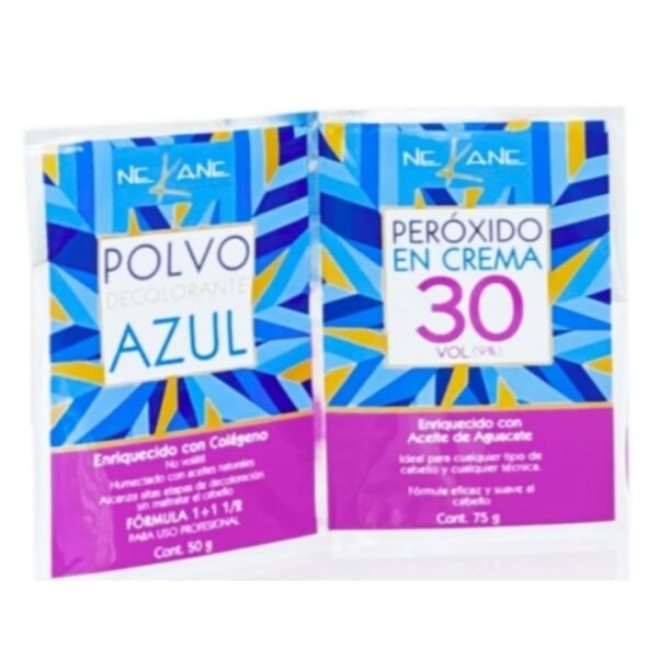 Juego Polvo Decolorante Azul 50g y Peróxido en Crema 30 vol - Nekane